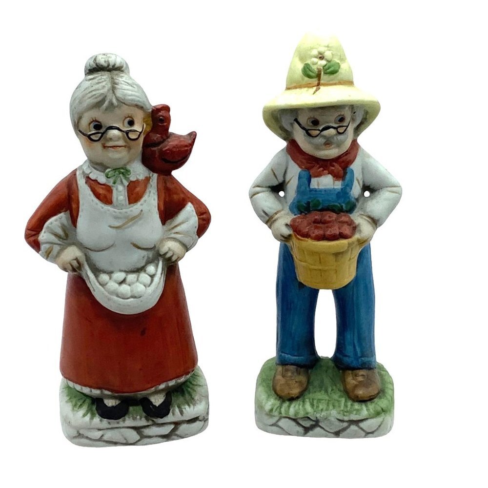 Vtg Trippies‎ 1987 Farmer & Wife Figurines Apples Chickens Ceramic Lot of 2 6.5"